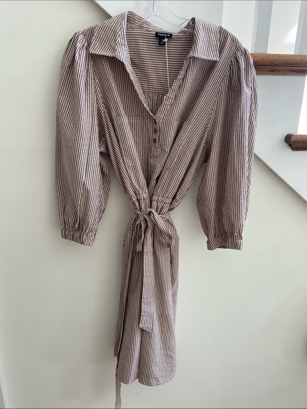 torrid Taupe and White Striped Long Sleeve Tie-Waist Dress